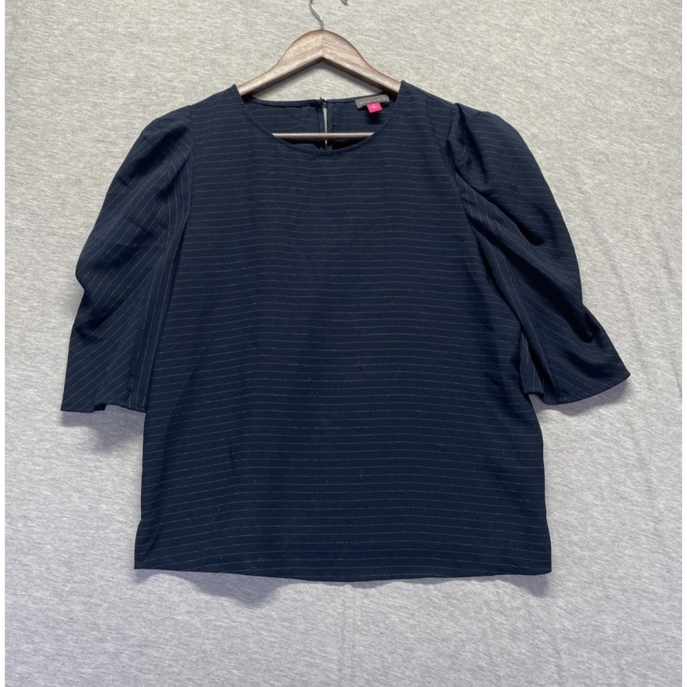 Vince Camuto Blouse Top Womens Small Navy Blue Pinstripe Keyhole Back Minimalist
